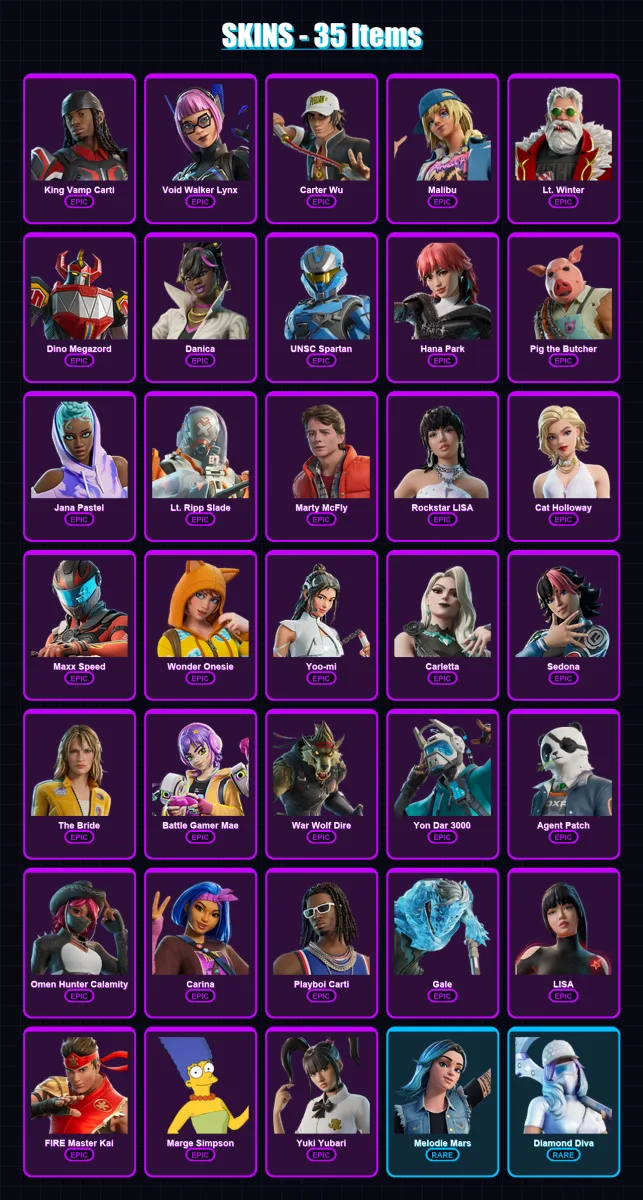 [PS4/PS5/XBOX/PC] | King Vamp Carti | Void Walker Lynx | Carter Wu | Malibu | Lt. Winter | 35 skin | 54 pickaxe | 36 emote | 29 glider | Lv255