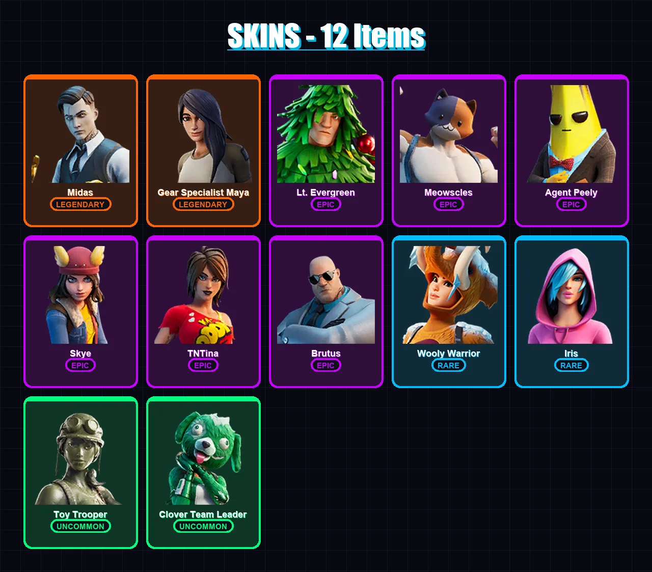 [SWITCH/XBOX/PSN/PC] | Midas | Gear Specialist Maya | Lt. Evergreen | Meowscles | Agent Peely | 12 skin | 13 pickaxe | 13 emote | 14 glider | Lv248
