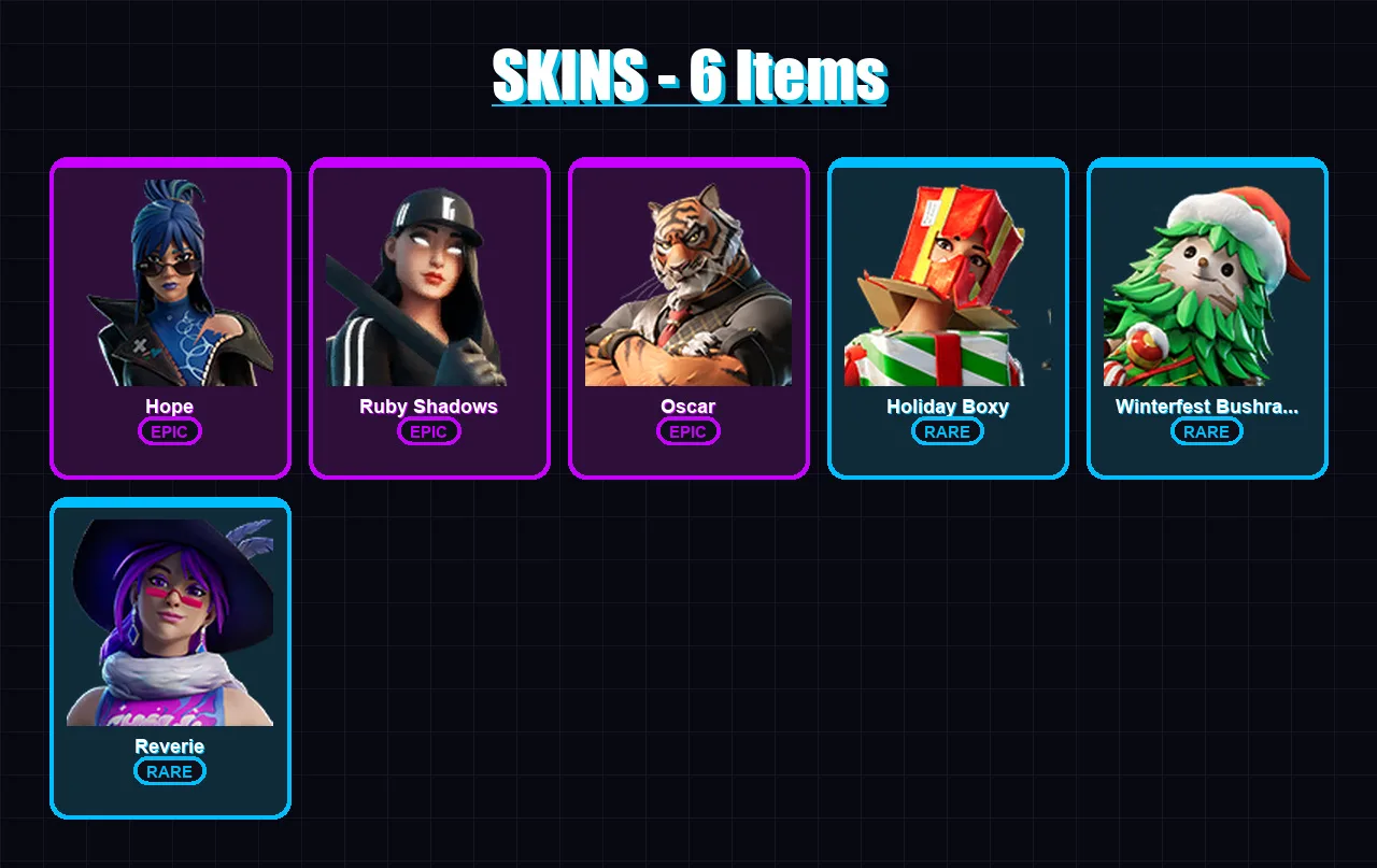 [PC/XBOX/PSN] | Hope | Ruby Shadows | Oscar | Holiday Boxy | Winterfest Bushranger | 6 skin | 5 pickaxe | 6 emote | 8 glider | Lv44