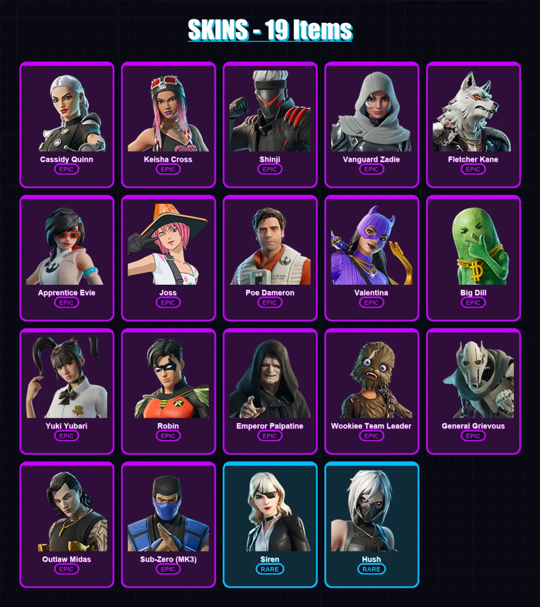 [PS4/PS5/XBOX/PC] | Cassidy Quinn | Keisha Cross | Shinji | Vanguard Zadie | Fletcher Kane | 19 skin | 48 pickaxe | 26 emote | 32 glider | Lv368 — Fortnite account