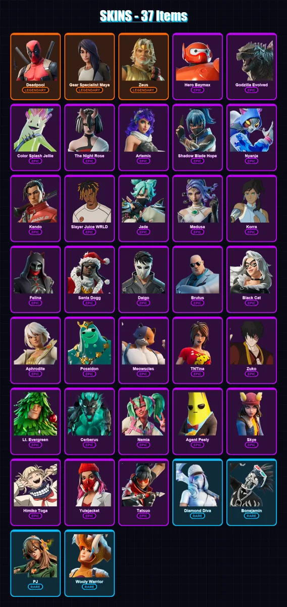 [PC/PSN] | Deadpool | Gear Specialist Maya | Zeus | Hero Baymax | Godzilla Evolved | 37 skin | 59 pickaxe | 56 emote | 45 glider | Lv513