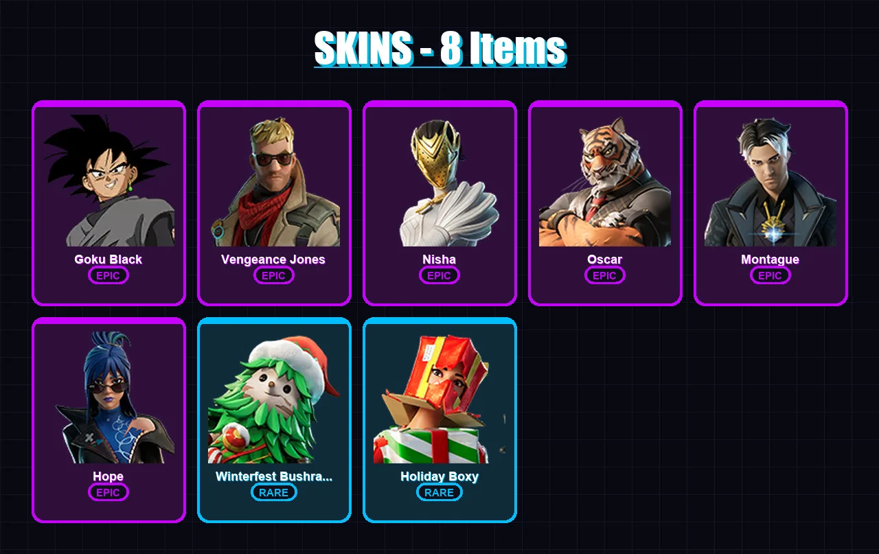 [PC/XBOX/PSN] | Goku Black | Vengeance Jones | Nisha | Oscar | Montague | 8 skin | 8 pickaxe | 9 emote | 9 glider | Lv79
