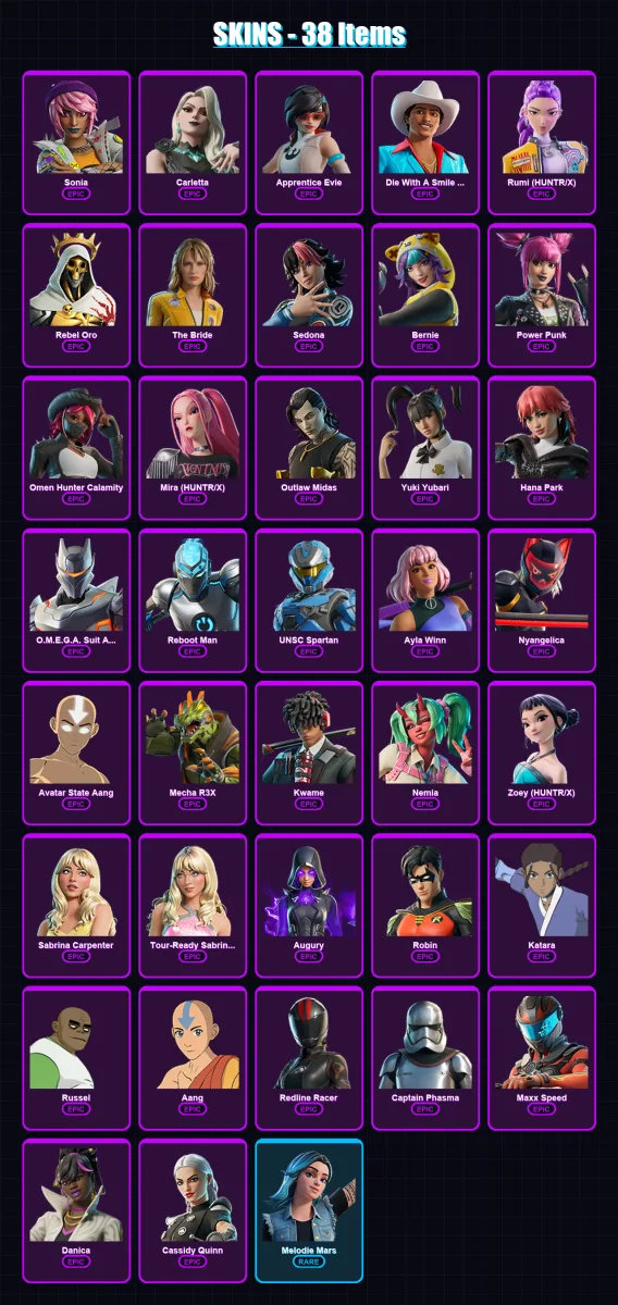 [PC/XBOX/PSN] | Sonia | Carletta | Apprentice Evie | Die With A Smile Bruno | Rumi (HUNTR/X) | 38 skin | 32 pickaxe | 18 emote | 13 glider | Lv77 — Fortnite account