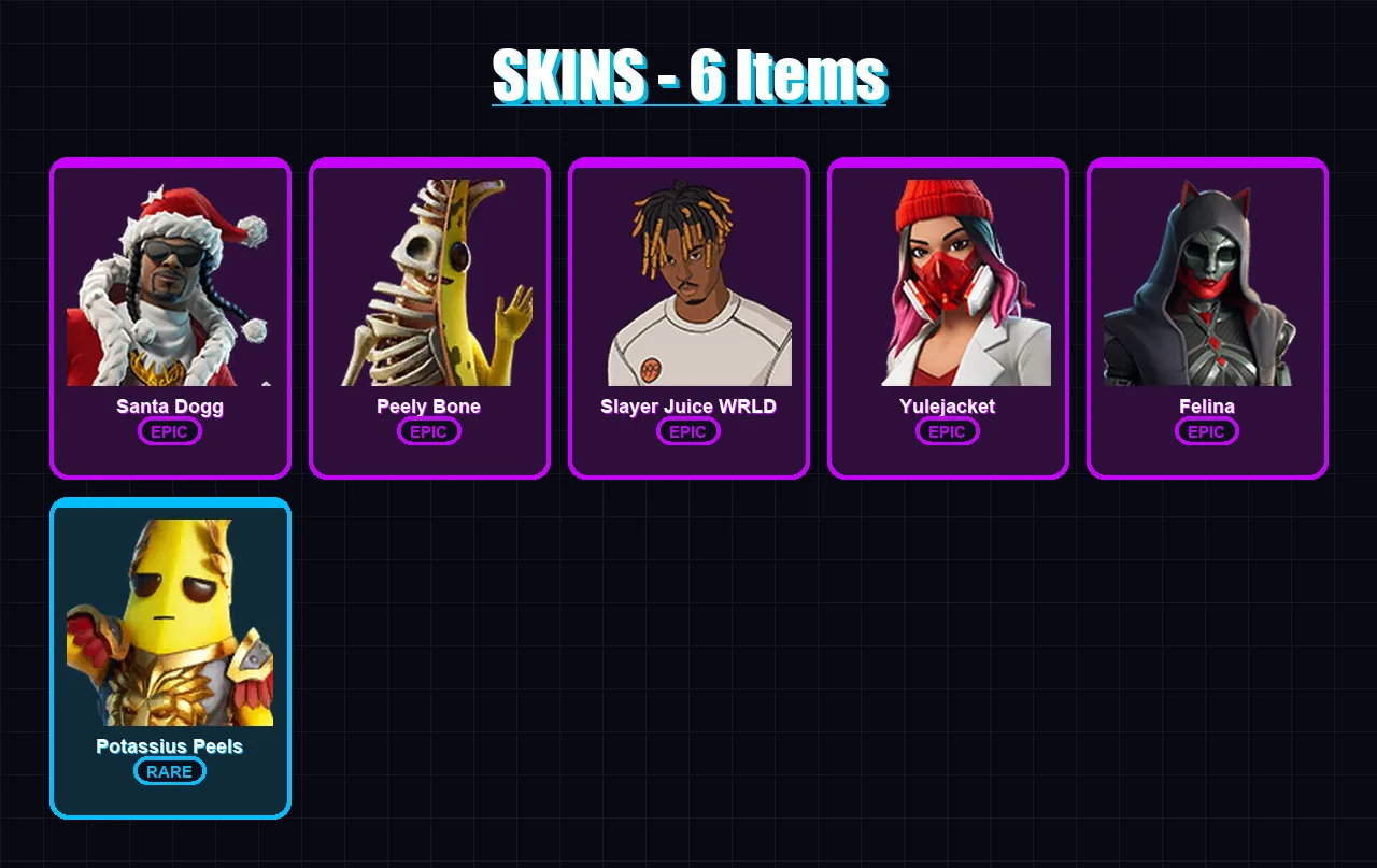 [PC/PSN] | Santa Dogg | Peely Bone | Slayer Juice WRLD | Yulejacket | Felina | 6 skin | 30 pickaxe | 15 emote | 16 glider | Lv210