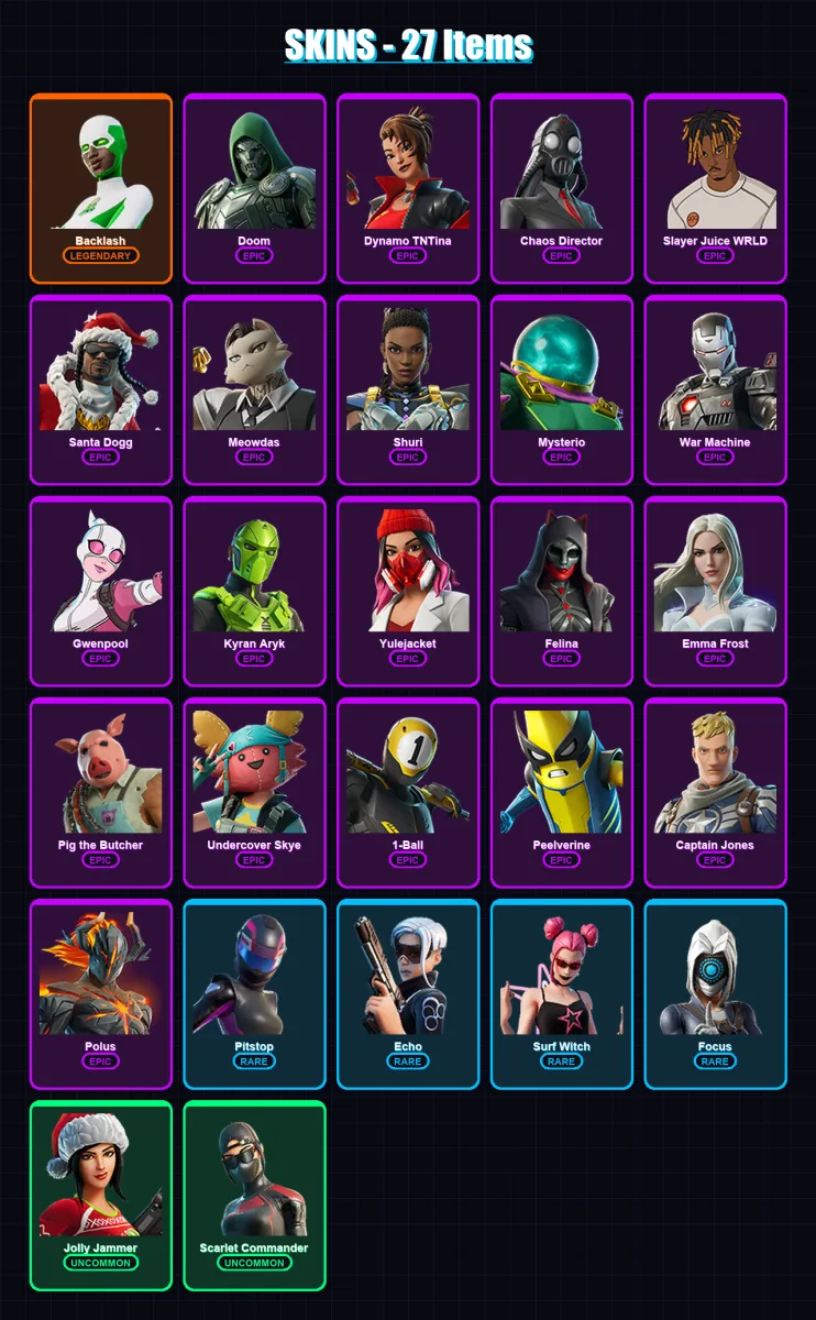 [PC/PSN] | Backlash | Doom | Dynamo TNTina | Chaos Director | Slayer Juice WRLD | 27 skin | 57 pickaxe | 26 emote | 33 glider | Lv806