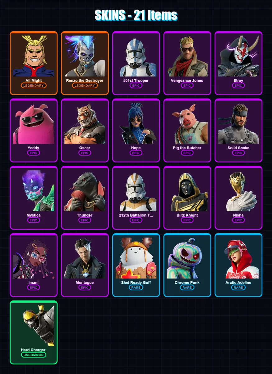 [PC/PSN] | All Might | Renzo the Destroyer | 501st Trooper | Vengeance Jones | Stray | 21 skin | 45 pickaxe | 37 emote | 43 glider | Lv656