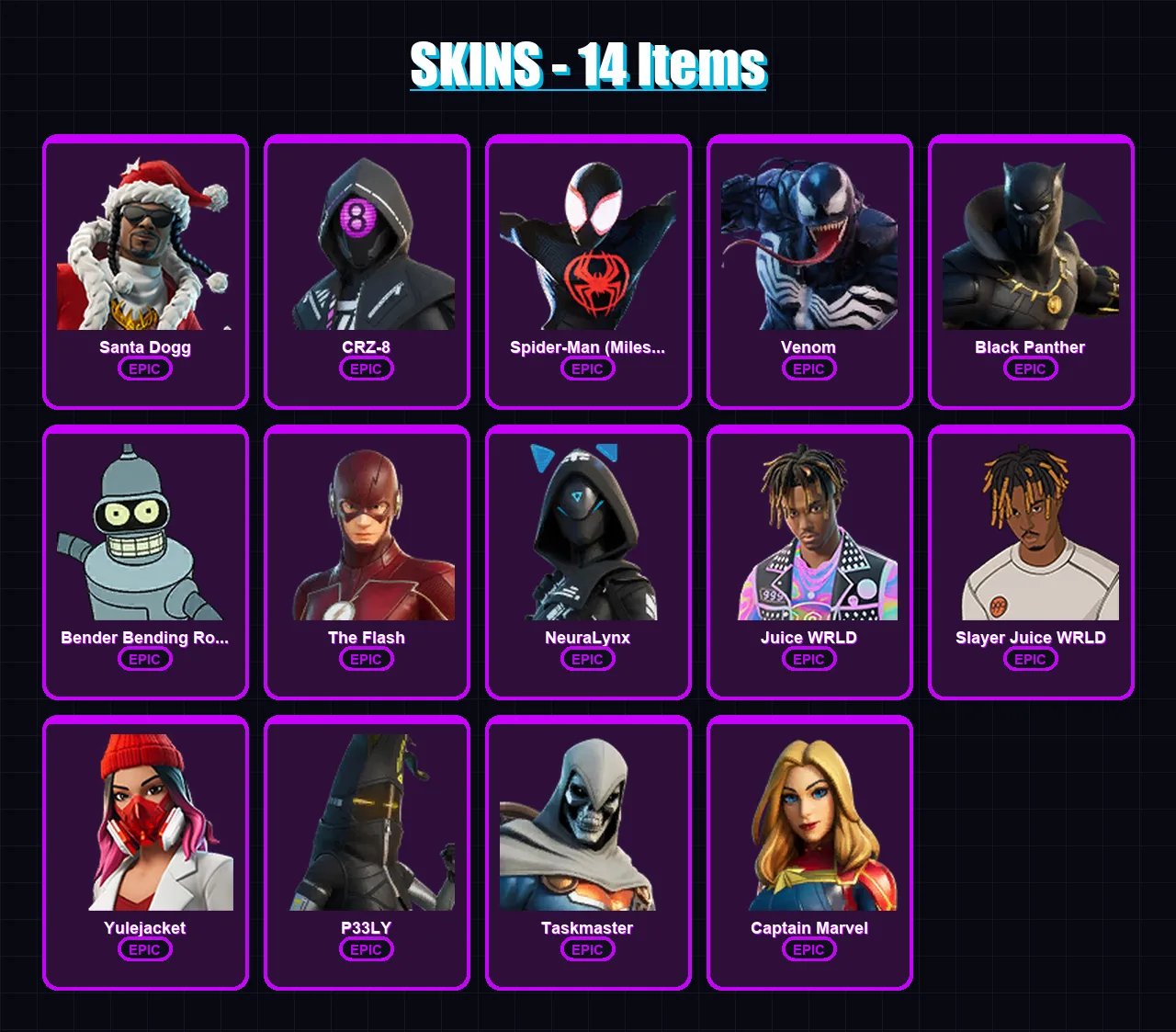 [PS4/PS5/XBOX/PC] | Santa Dogg | CRZ-8 | Spider-Man (Miles Morales) | Venom | Black Panther | 14 skin | 50 pickaxe | 22 emote | 35 glider | Lv554