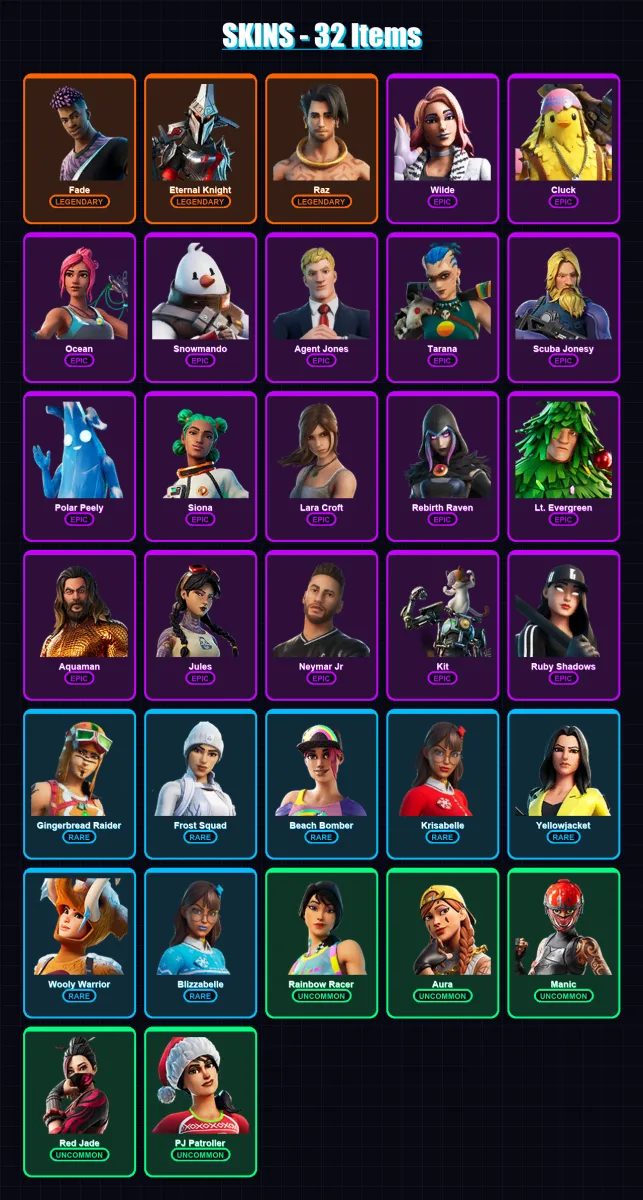 [PC/XBOX/PSN] | Fade | Eternal Knight | Raz | Wilde | Cluck | 32 skin | 49 pickaxe | 48 emote | 51 glider | Lv1080