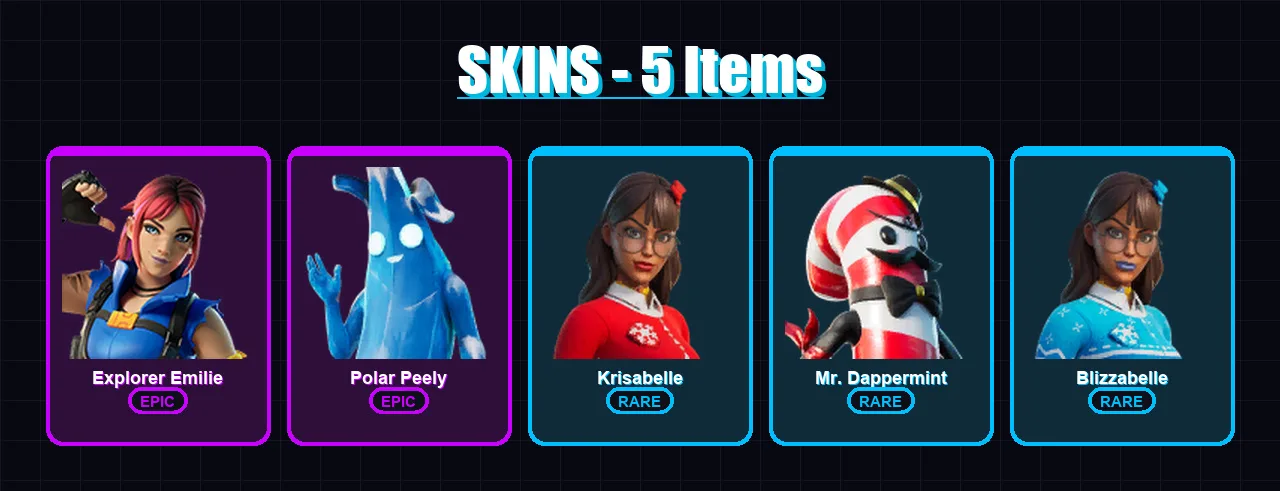 [PC/XBOX/PSN] | Explorer Emilie | Polar Peely | Krisabelle | Mr. Dappermint | Blizzabelle | 5 skin | 6 pickaxe | 5 emote | 7 glider | Lv58