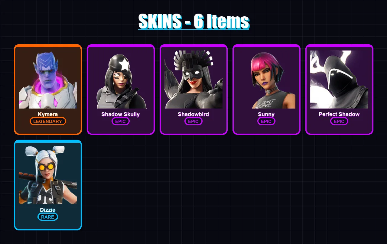 [PC/XBOX/PSN] | Kymera | Shadow Skully | Shadowbird | Sunny | Perfect Shadow | 6 skin | 4 pickaxe | 4 emote | 5 glider | Lv38