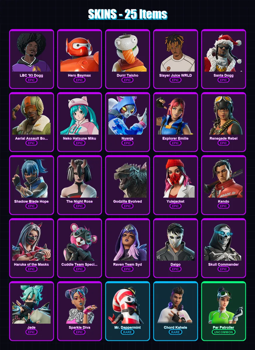 [PC/XBOX/PSN] | LBC '93 Dogg | Hero Baymax | Durrr Taisho | Slayer Juice WRLD | Santa Dogg | 25 skin | 43 pickaxe | 30 emote | 27 glider | Lv433