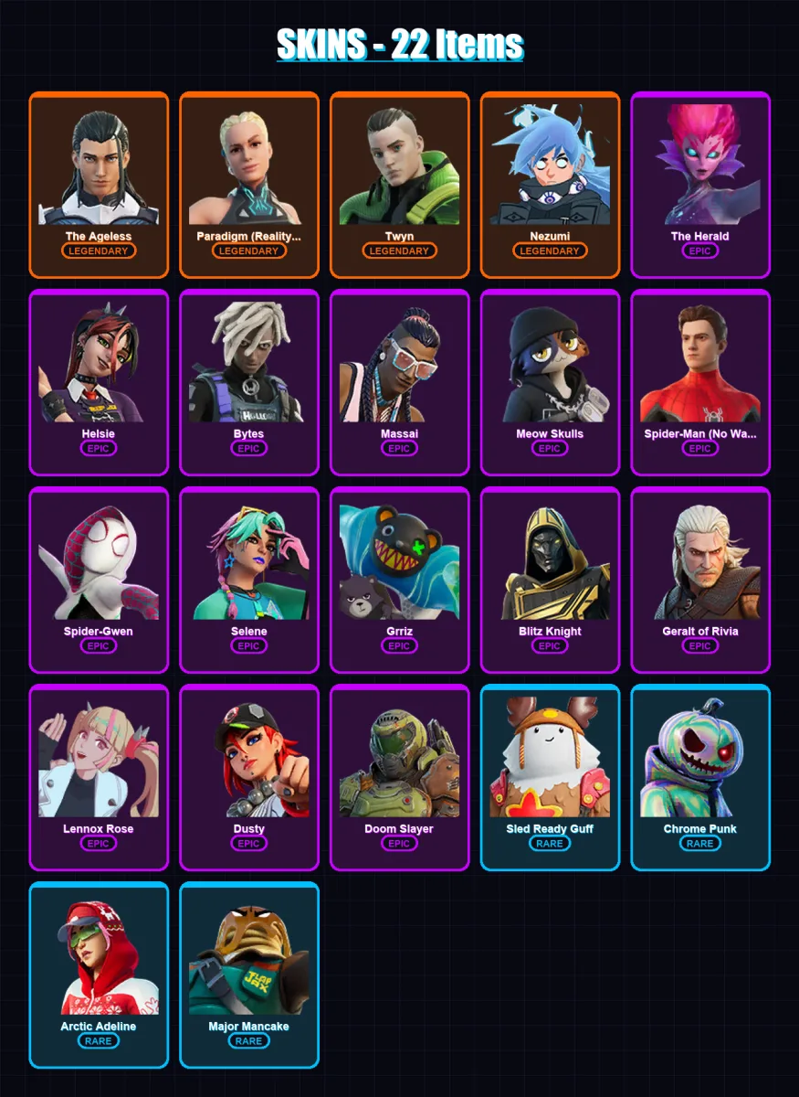 [PS4/PS5/XBOX/PC] | The Ageless | Paradigm (Reality-659) | Twyn | Nezumi | The Herald | 22 skin | 40 pickaxe | 22 emote | 33 glider | Lv506