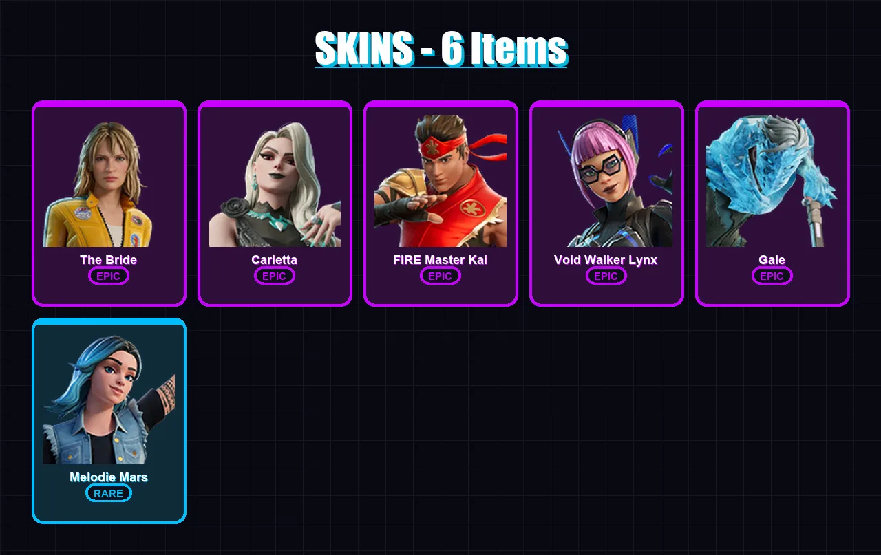 [PC/PSN] | The Bride | Carletta | FIRE Master Kai | Void Walker Lynx | Gale | 6 skin | 5 pickaxe | 5 emote | 3 glider | Lv11