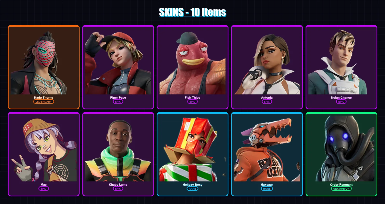 [PC/XBOX/PSN] | Kado Thorne | Piper Pace | Fish Thicc | Antonia | Nolan Chance | 10 skin | 16 pickaxe | 10 emote | 12 glider | Lv180