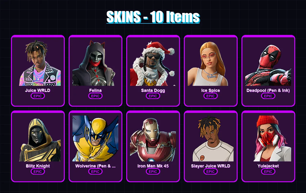 [PC/PSN] | Juice WRLD | Felina | Santa Dogg | Ice Spice | Deadpool (Pen & Ink) | 10 skin | 53 pickaxe | 34 emote | 29 glider | Lv524