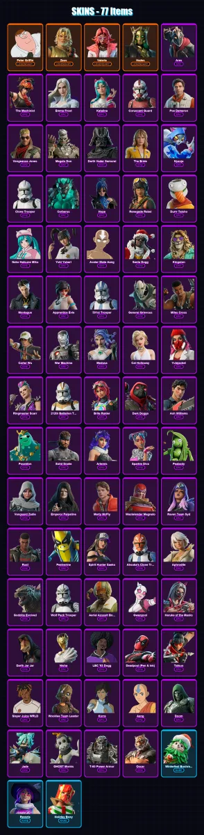 [PC] | Peter Griffin | Zeus | Valeria | Hades | Ares | 77 skin | 108 pickaxe | 66 emote | 72 glider | Lv671