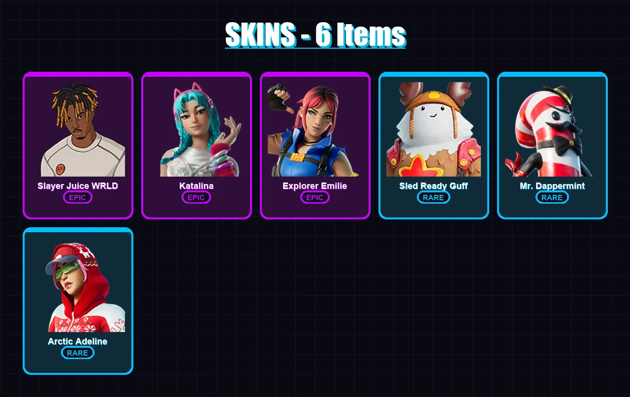 [PC/PSN] | Slayer Juice WRLD | Katalina | Explorer Emilie | Sled Ready Guff | Mr. Dappermint | 6 skin | 4 pickaxe | 3 emote | 6 glider | Lv21