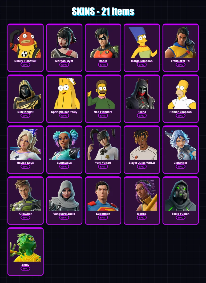 [PC/PSN] | Blinky Fishstick | Morgan Myst | Robin | Marge Simpson | Trailblazer Tai | 21 skin | 70 pickaxe | 28 emote | 46 glider | Lv770