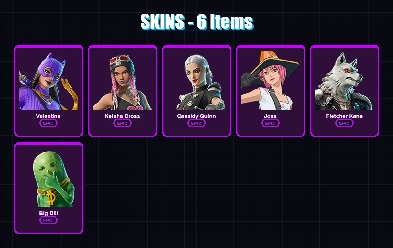 [PC/XBOX/PSN] | Valentina | Keisha Cross | Cassidy Quinn | Joss | Fletcher Kane | 6 skin | 23 pickaxe | 13 emote | 20 glider | Lv401
