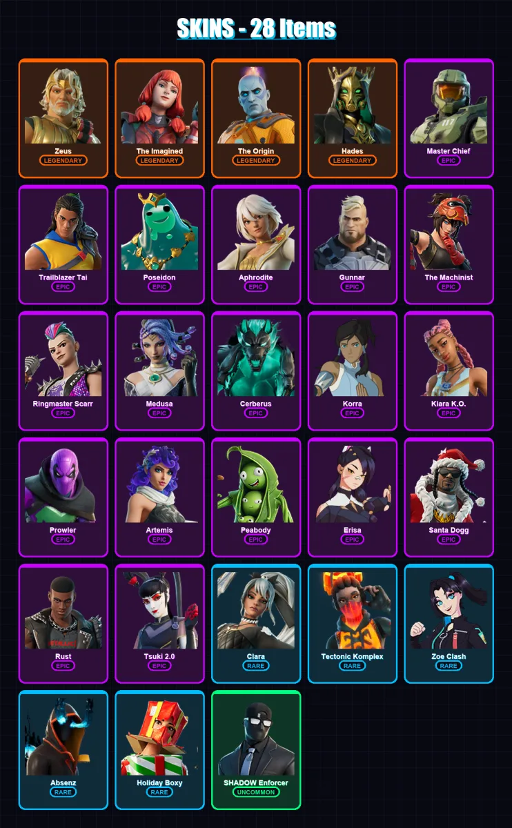 [PC] | Zeus | The Imagined | The Origin | Hades | Master Chief | 28 skin | 61 pickaxe | 33 emote | 52 glider | Lv755