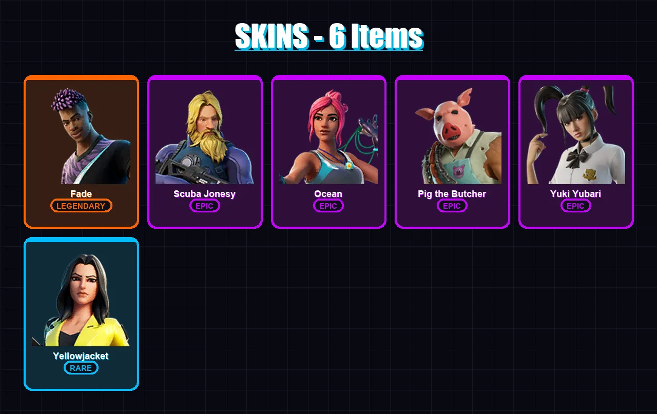 [PC/XBOX/PSN] | Fade | Scuba Jonesy | Ocean | Pig the Butcher | Yuki Yubari | 6 skin | 33 pickaxe | 19 emote | 23 glider | Lv356
