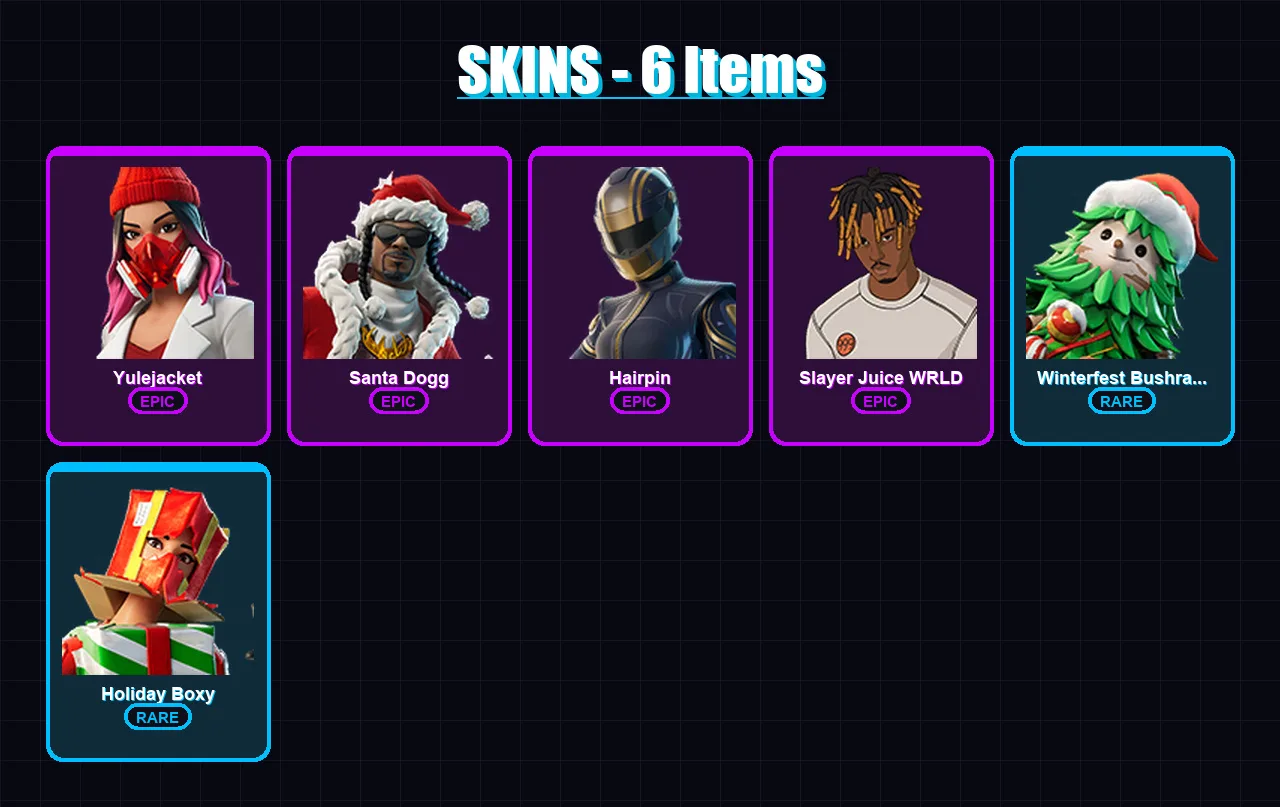 [PC/XBOX/PSN] | Yulejacket | Santa Dogg | Hairpin | Slayer Juice WRLD | Winterfest Bushranger | 6 skin | 22 pickaxe | 7 emote | 21 glider | Lv147