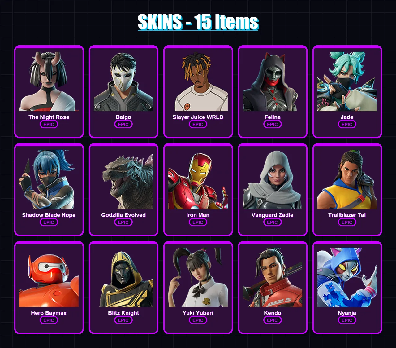 [PS4/PS5/XBOX/PC] | The Night Rose | Daigo | Slayer Juice WRLD | Felina | Jade | 15 skin | 62 pickaxe | 26 emote | 33 glider | Lv1969