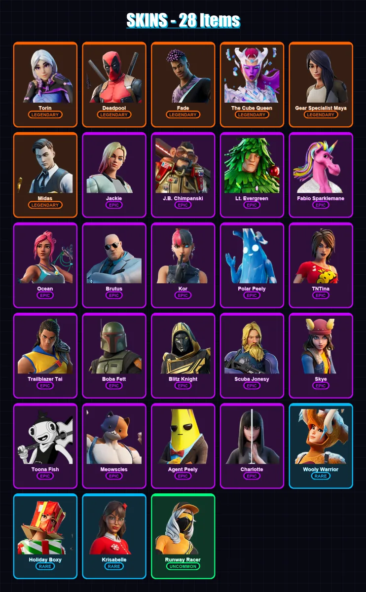 [PS4/PS5/XBOX/PC] | Torin | Deadpool | Fade | The Cube Queen | Gear Specialist Maya | 28 skin | 51 pickaxe | 49 emote | 50 glider | Lv938
