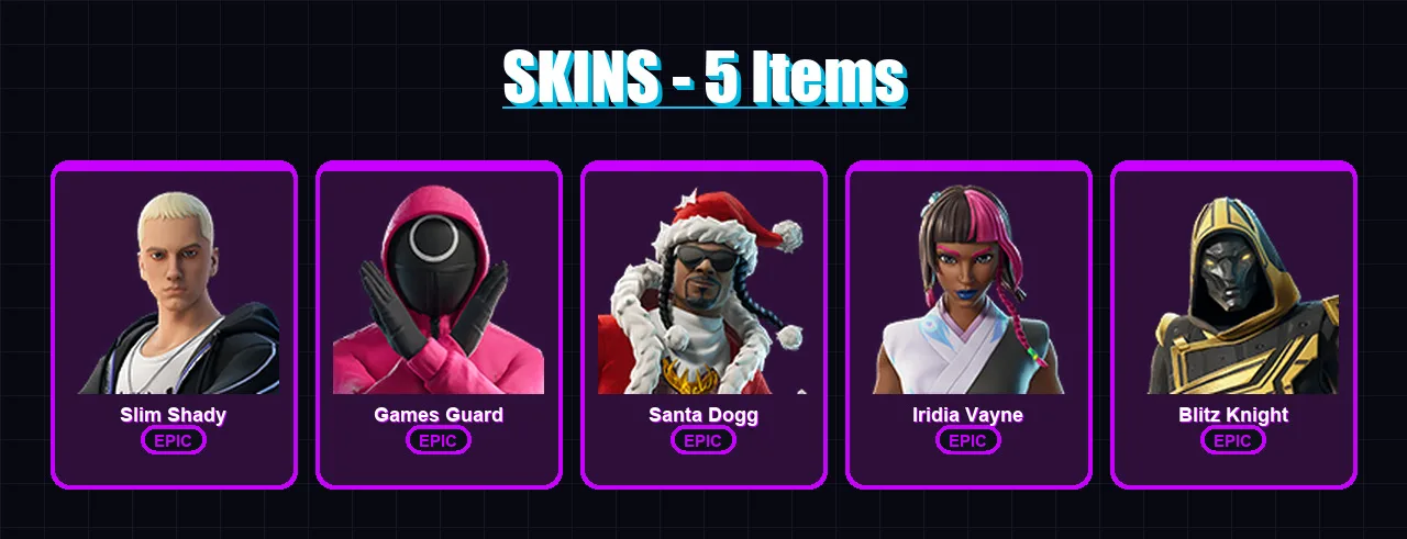 [PC/XBOX] | Slim Shady | Games Guard | Santa Dogg | Iridia Vayne | Blitz Knight | 5 skin | 30 pickaxe | 12 emote | 17 glider | Lv168