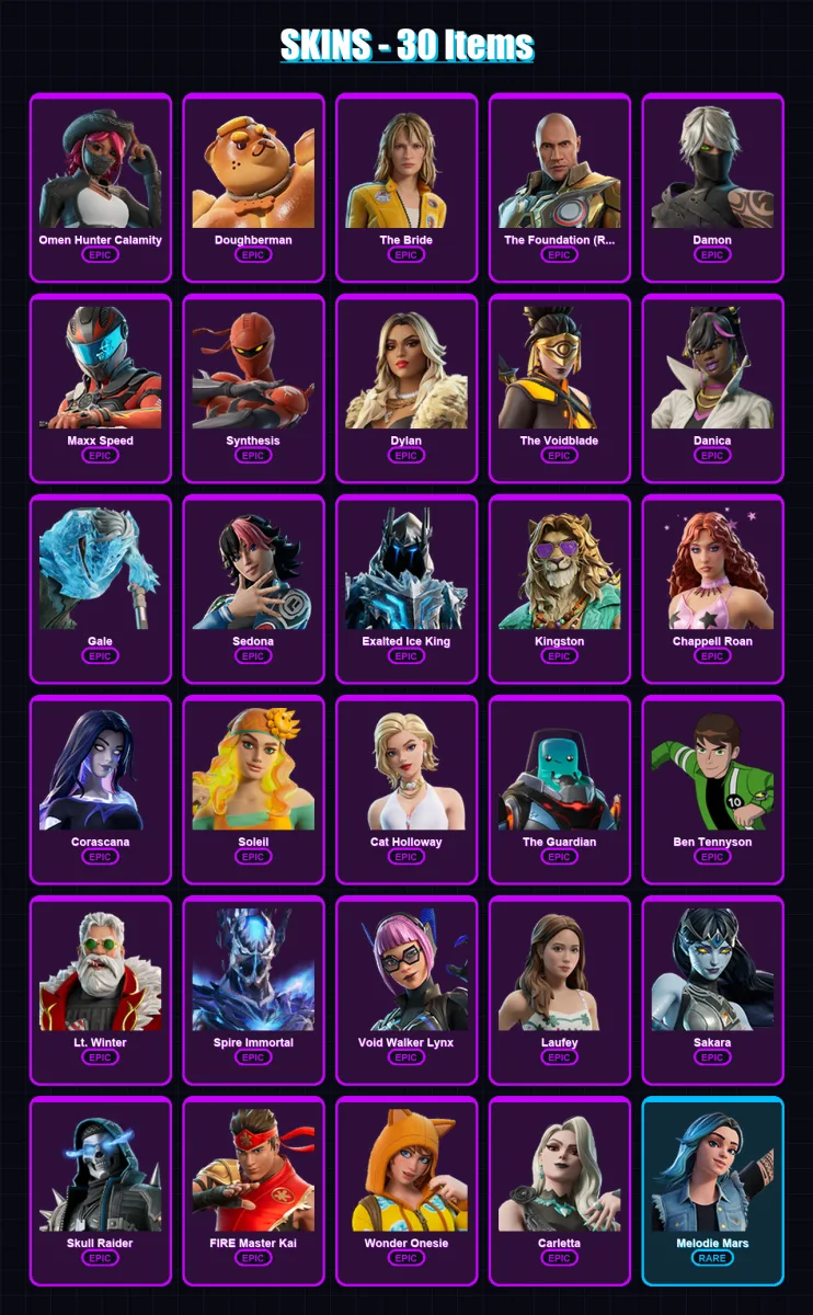 [PC/PSN] | Omen Hunter Calamity | Doughberman | The Bride | The Foundation (Reforged) | Damon | 30 skin | 37 pickaxe | 11 emote | 18 glider | Lv96