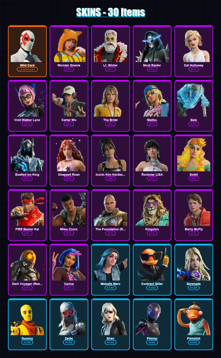 [PC/XBOX/PSN] | Wild Card | Wonder Onesie | Lt. Winter | Skull Raider | Cat Holloway | 30 skin | 33 pickaxe | 20 emote | 18 glider | Lv242