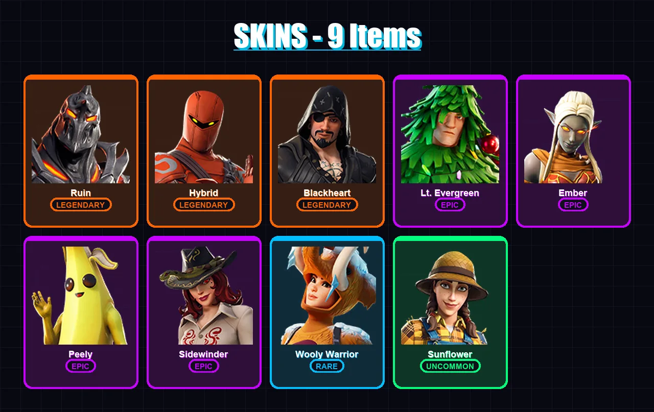 [PS4/PS5/XBOX/PC] | Ruin | Hybrid | Blackheart | Lt. Evergreen | Ember | 9 skin | 9 pickaxe | 14 emote | 15 glider | Lv195