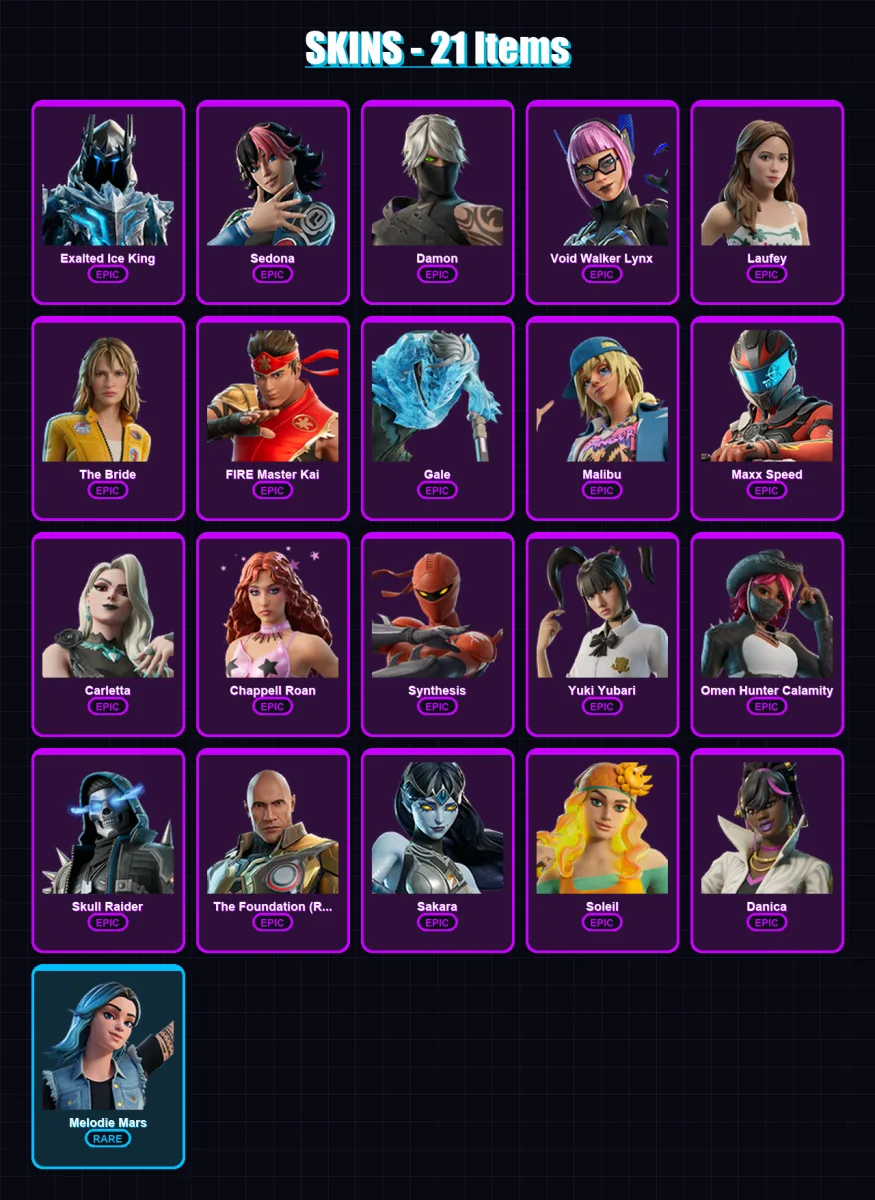 [PC/PSN] | Exalted Ice King | Sedona | Damon | Void Walker Lynx | Laufey | 21 skin | 13 pickaxe | 5 emote | 6 glider | Lv12 — Fortnite account