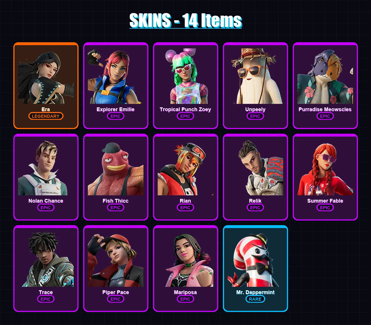 [PC/XBOX/PSN] | Era | Explorer Emilie | Tropical Punch Zoey | Unpeely | Purradise Meowscles | 14 skin | 12 pickaxe | 15 emote | 13 glider | Lv147