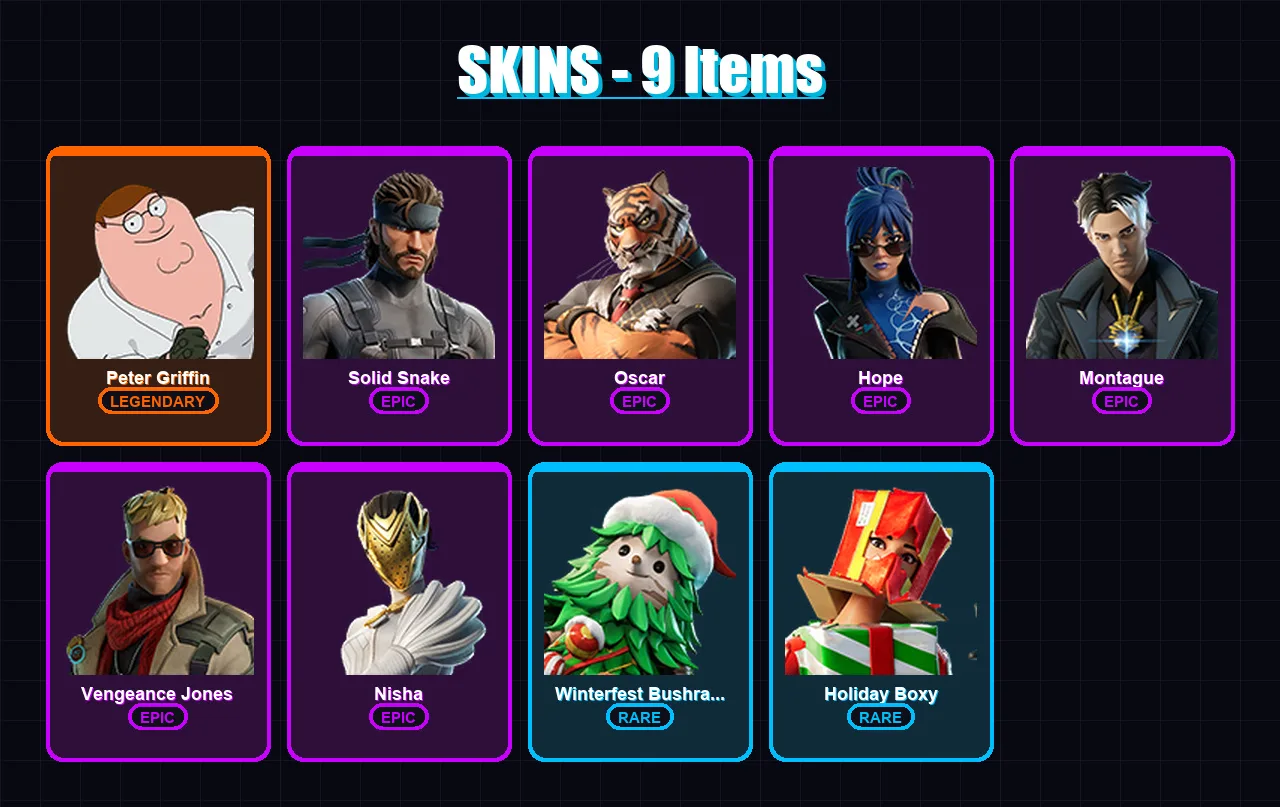 [PC/XBOX/PSN] | Peter Griffin | Solid Snake | Oscar | Hope | Montague | 9 skin | 23 pickaxe | 11 emote | 17 glider | Lv170