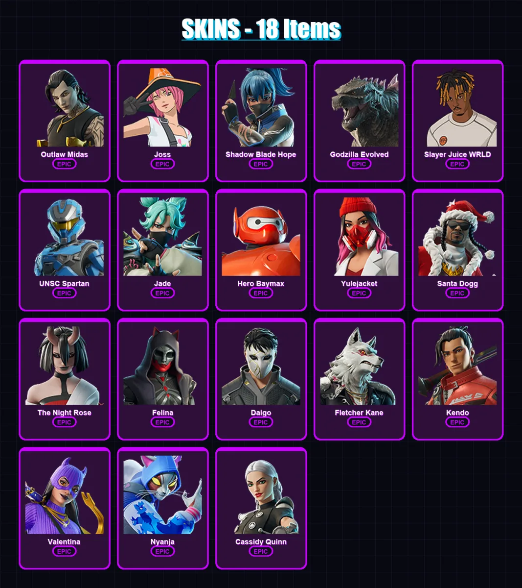 [PC/XBOX/PSN] | Outlaw Midas | Joss | Shadow Blade Hope | Godzilla Evolved | Slayer Juice WRLD | 18 skin | 74 pickaxe | 52 emote | 53 glider | Lv100 — Fortnite account