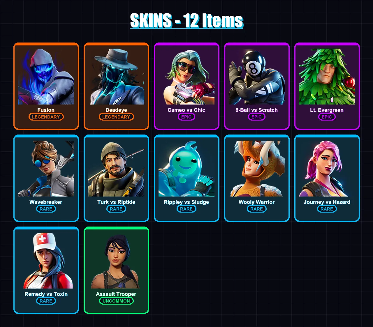 [PC/XBOX/PSN] | Fusion | Deadeye | Cameo vs Chic | 8-Ball vs Scratch | Lt. Evergreen | 12 skin | 12 pickaxe | 25 emote | 13 glider | Lv407