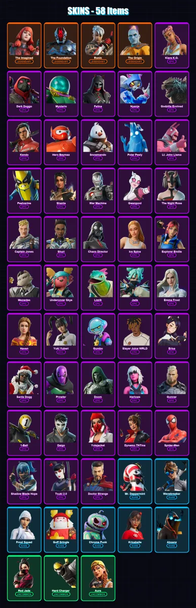[PC/XBOX/PSN] | The Imagined | The Foundation | Ronin | The Origin | Kiara K.O. | 58 skin | 108 pickaxe | 64 emote | 79 glider | Lv1487