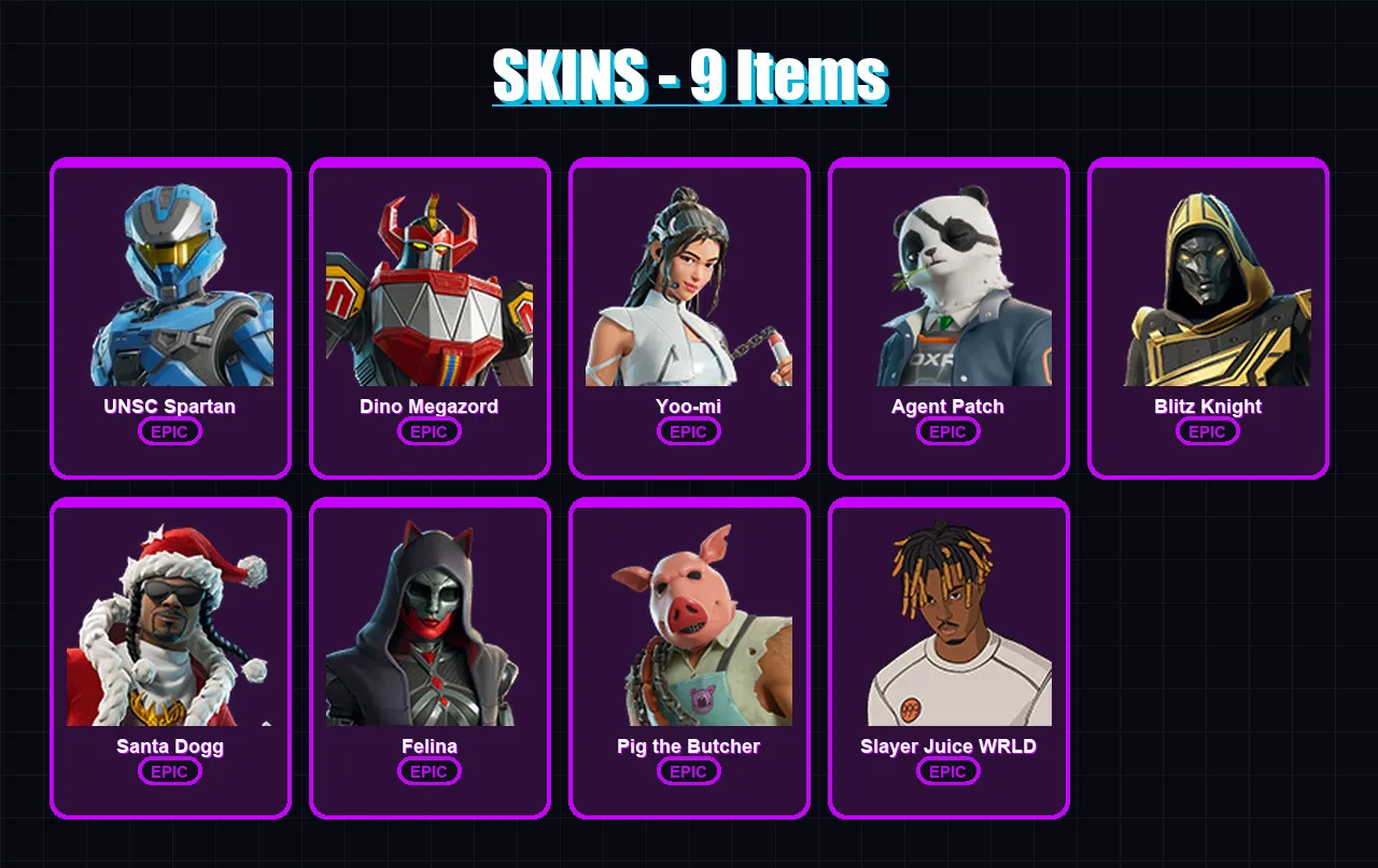 [PC/XBOX/PSN] | UNSC Spartan | Dino Megazord | Yoo-mi | Agent Patch | Blitz Knight | 9 skin | 38 pickaxe | 15 emote | 25 glider | Lv269