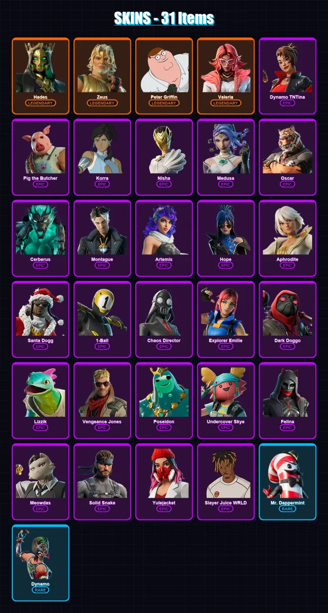 [PC] | Hades | Zeus | Peter Griffin | Valeria | Dynamo TNTina | 31 skin | 83 pickaxe | 46 emote | 60 glider | Lv765