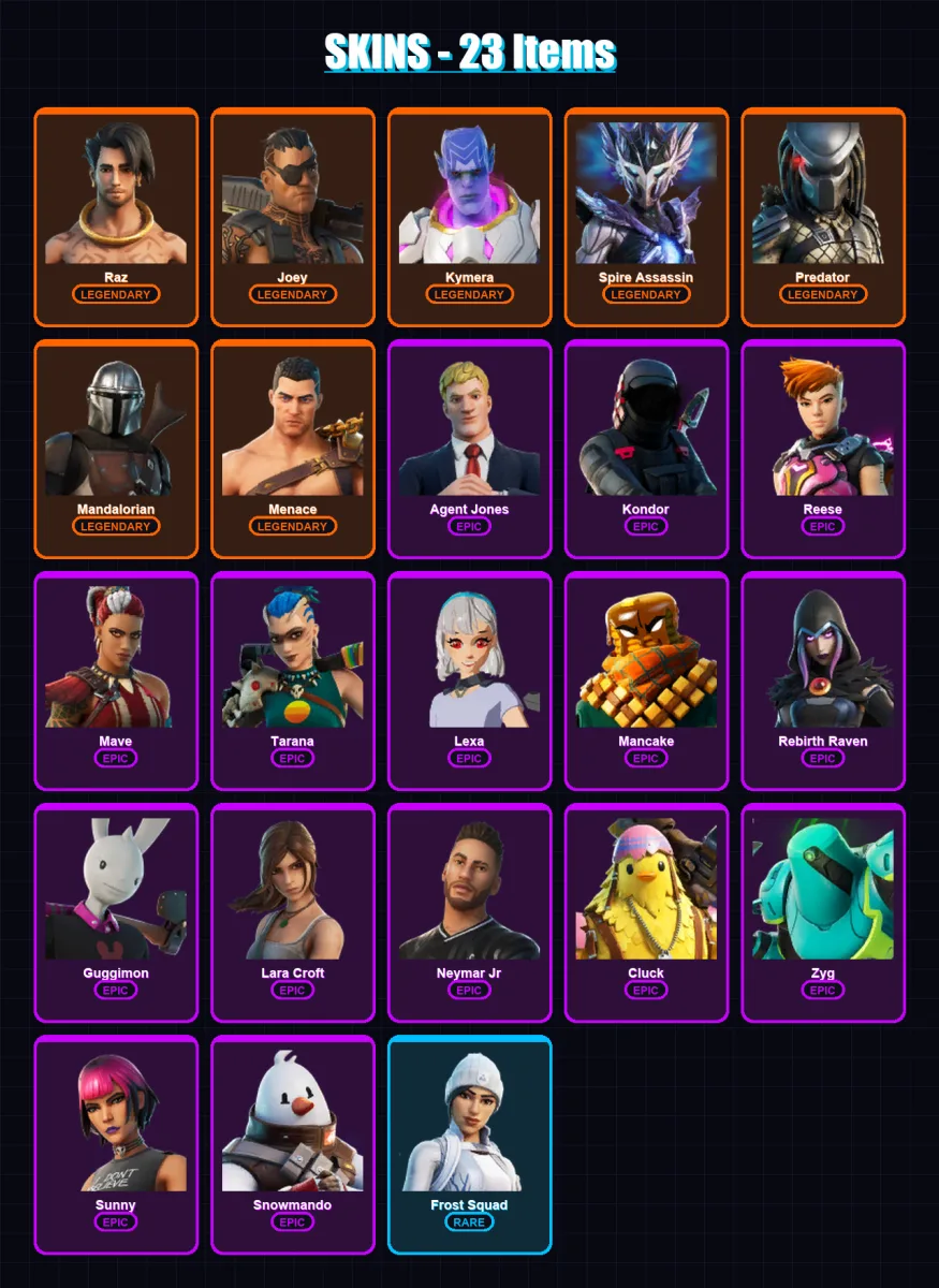 [PC/XBOX/PSN] | Raz | Joey | Kymera | Spire Assassin | Predator | 23 skin | 32 pickaxe | 23 emote | 31 glider | Lv739
