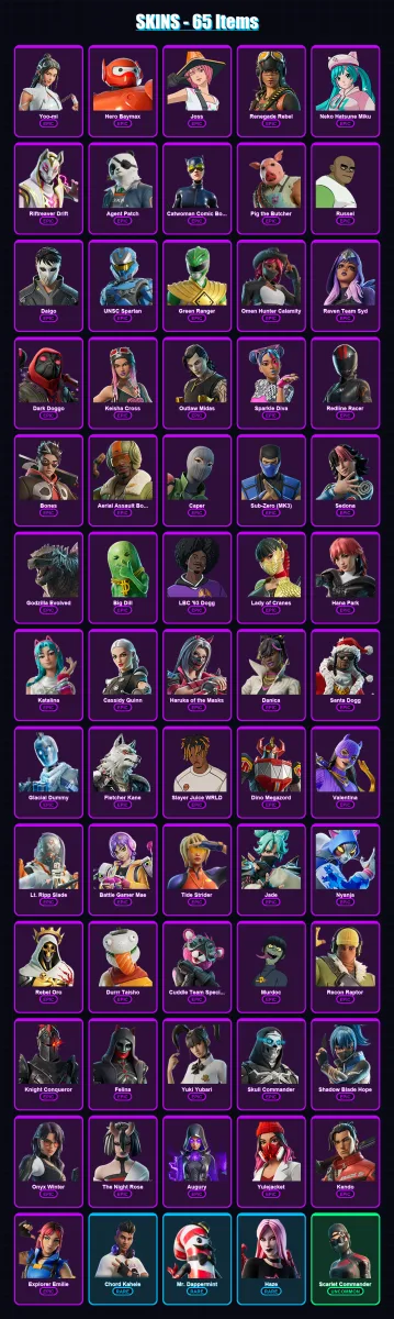 [PC/XBOX/PSN] | Yoo-mi | Hero Baymax | Joss | Renegade Rebel | Neko Hatsune Miku | 65 skin | 103 pickaxe | 67 emote | 55 glider | Lv1165