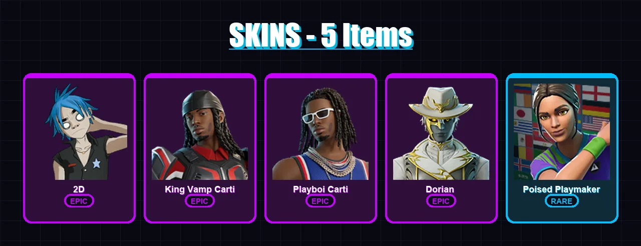 [PC/XBOX/PSN] | 2D | King Vamp Carti | Playboi Carti | Dorian  | Poised Playmaker | 5 skin | 13 pickaxe | 8 emote | 8 glider | Lv123