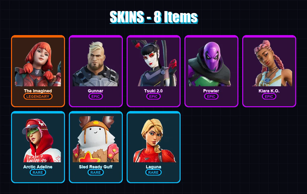 [PC/XBOX/PSN] | The Imagined | Gunnar | Tsuki 2.0 | Prowler | Kiara K.O. | 8 skin | 18 pickaxe | 14 emote | 23 glider | Lv241