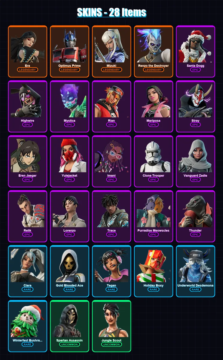 [PC/PSN] | Era | Optimus Prime | Mizuki | Renzo the Destroyer | Santa Dogg | 28 skin | 63 pickaxe | 43 emote | 48 glider | Lv678