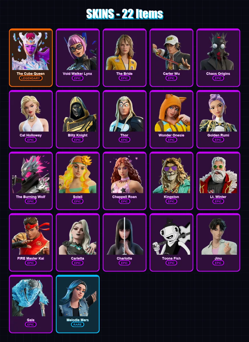 [PC/PSN] | The Cube Queen | Void Walker Lynx | The Bride | Carter Wu | Chaos Origins | 22 skin | 51 pickaxe | 32 emote | 29 glider | Lv393 — Fortnite account