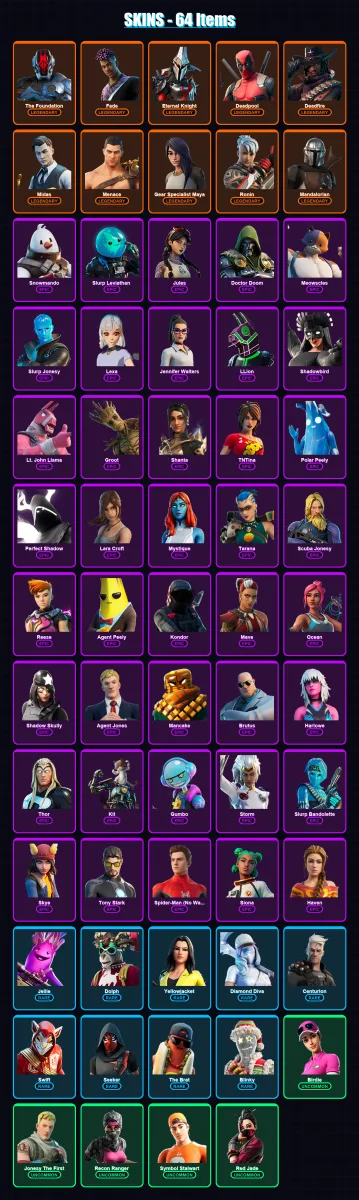 [PC/XBOX] | The Foundation | Fade | Eternal Knight | Deadpool | Deadfire | 64 skin | 54 pickaxe | 52 emote | 51 glider | Lv724