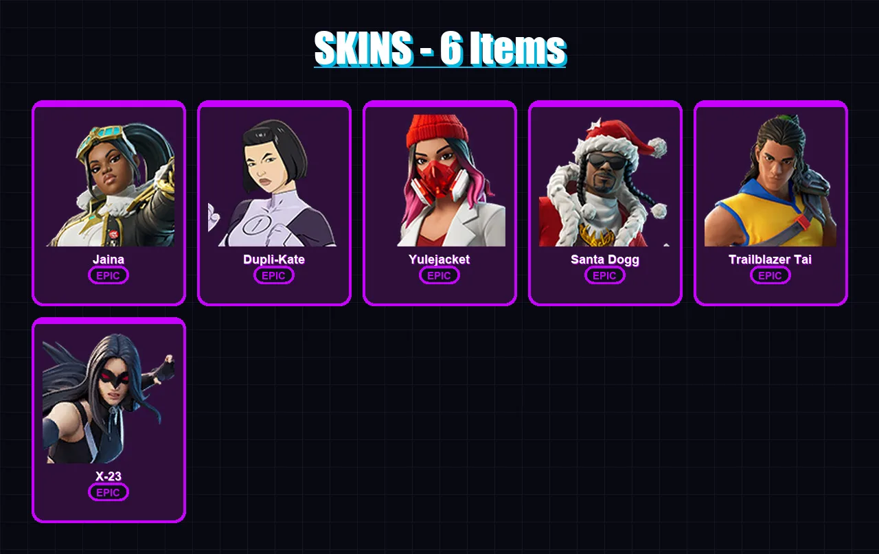 [PC/XBOX/PSN] | Jaina | Dupli-Kate | Yulejacket | Santa Dogg | Trailblazer Tai | 6 skin | 30 pickaxe | 19 emote | 18 glider | Lv477