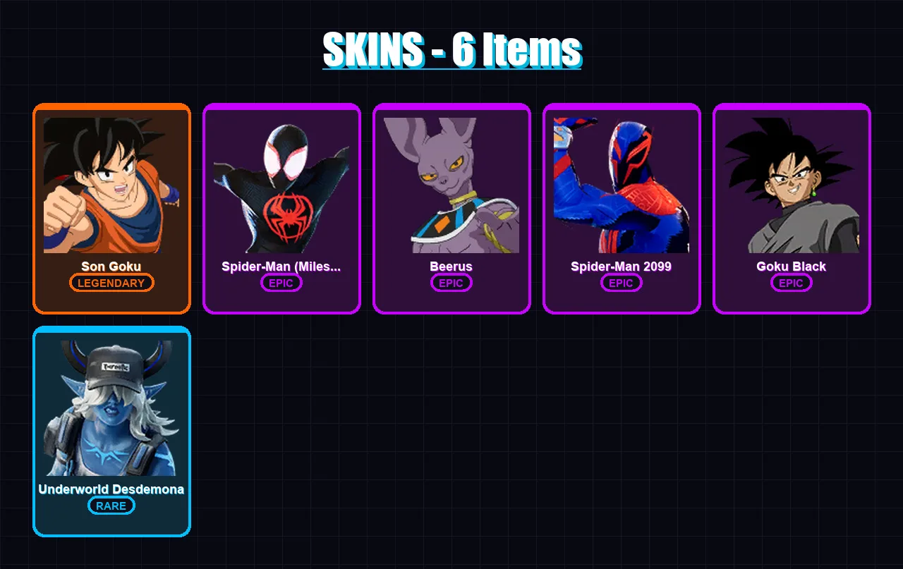 [PC/XBOX/PSN] | Son Goku | Spider-Man (Miles Morales) | Beerus | Spider-Man 2099 | Goku Black | 6 skin | 10 pickaxe | 6 emote | 6 glider | Lv63