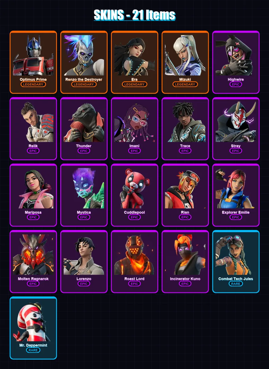 [SWITCH/XBOX/PC] | Optimus Prime | Renzo the Destroyer | Era | Mizuki | Highwire | 21 skin | 28 pickaxe | 35 emote | 30 glider | Lv498